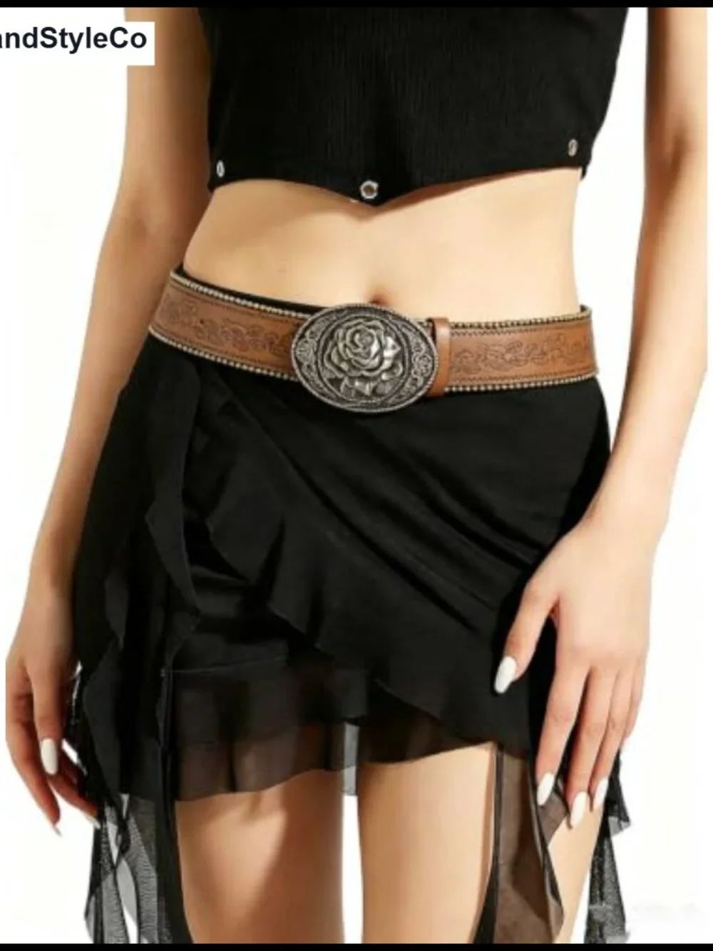 Vintage Cowgirl Faux Leather Belt with Embossed Floral Buckle